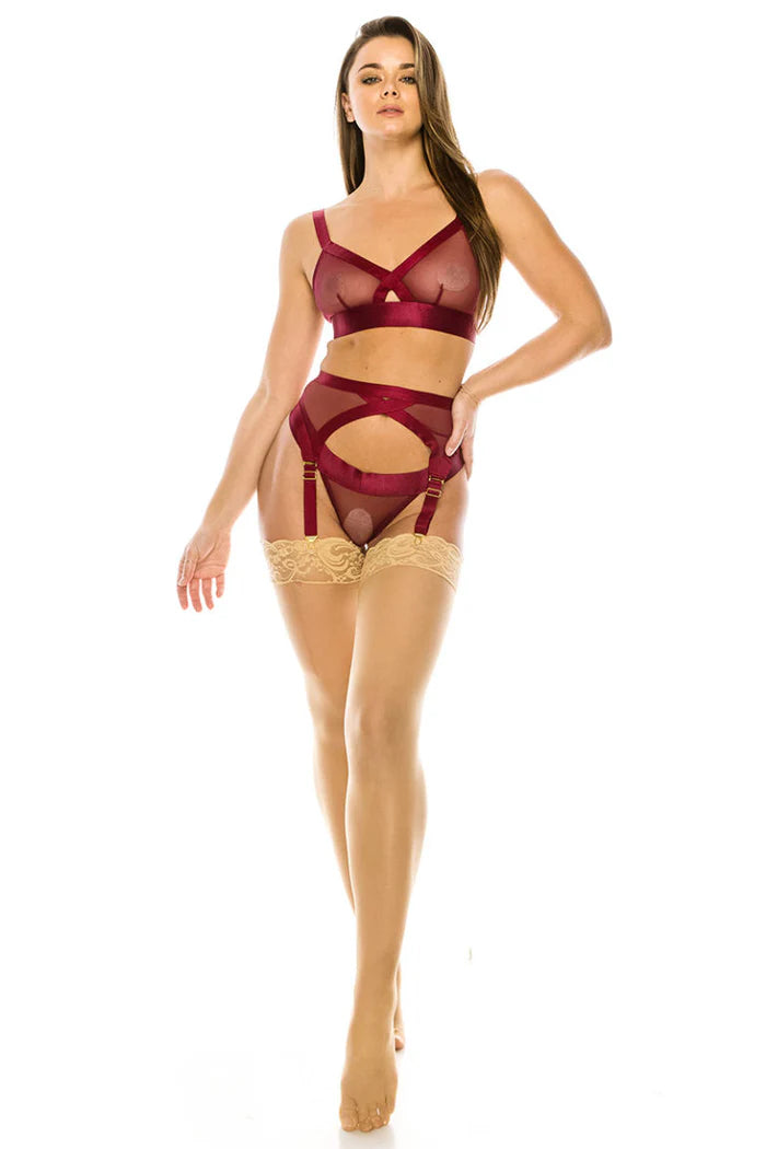 Woman wearing a burgundy lingerie set with sheer details on a white background