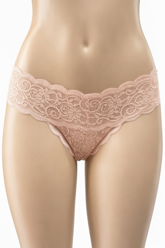 Lace beige underwear on a mannequin against a white background
