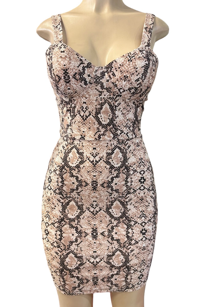Snake print dress on a mannequin against a white background