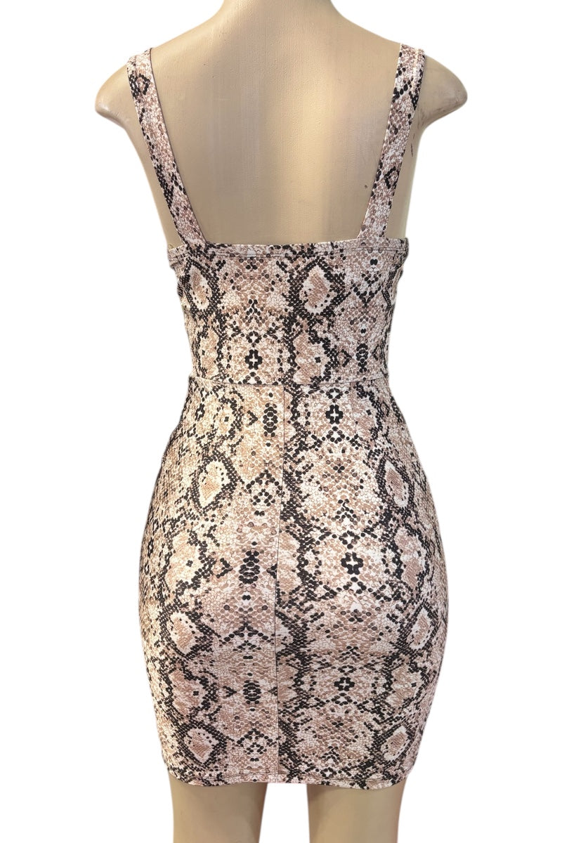 Snake print dress on a mannequin with a white background