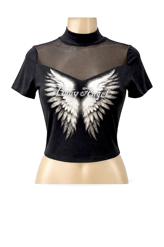 Black crop top with sheer mesh and white angel wings design on a mannequin.