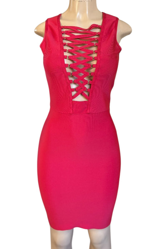 Red dress with lace-up front on a mannequin against a white background