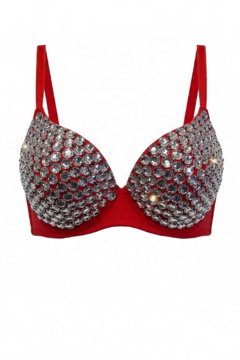 A red underwire bra decorated with dense silver rhinestones on the cups, shown against a plain white background.