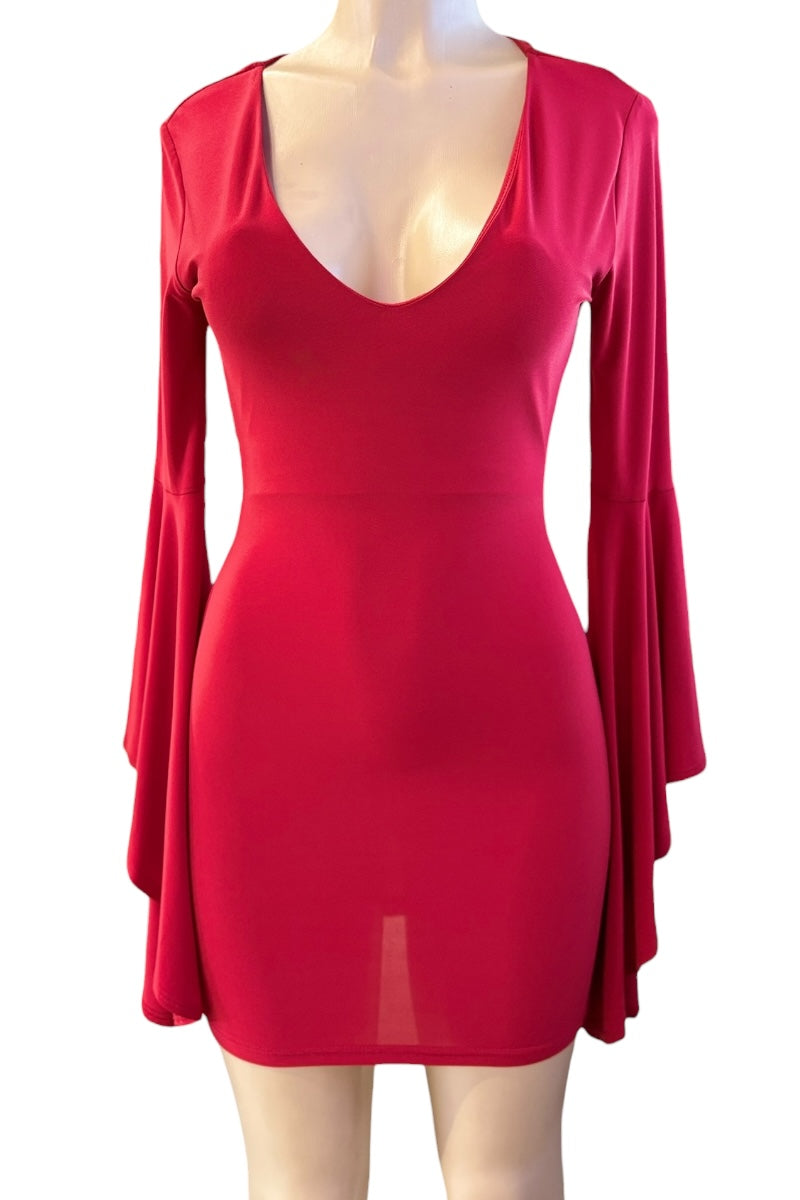 Red dress on a mannequin against a white background