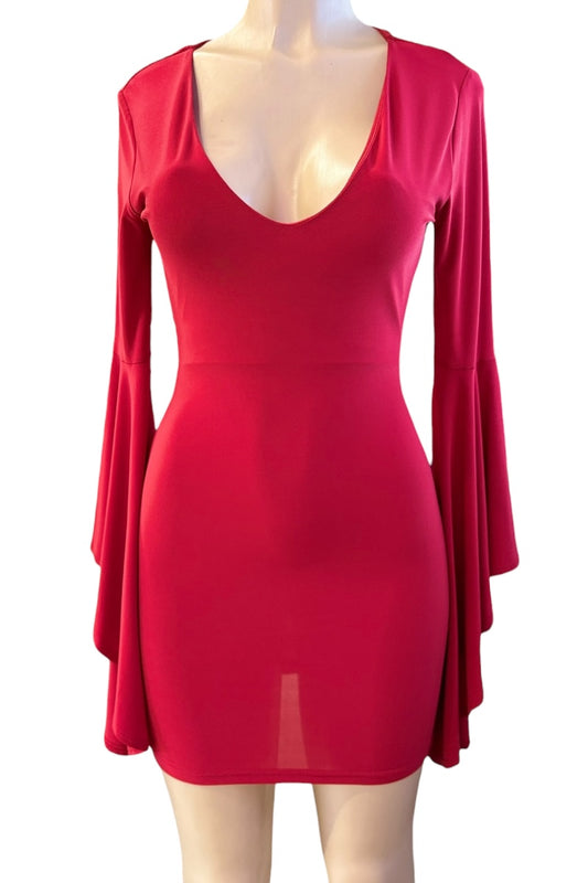 Red dress on a mannequin against a white background