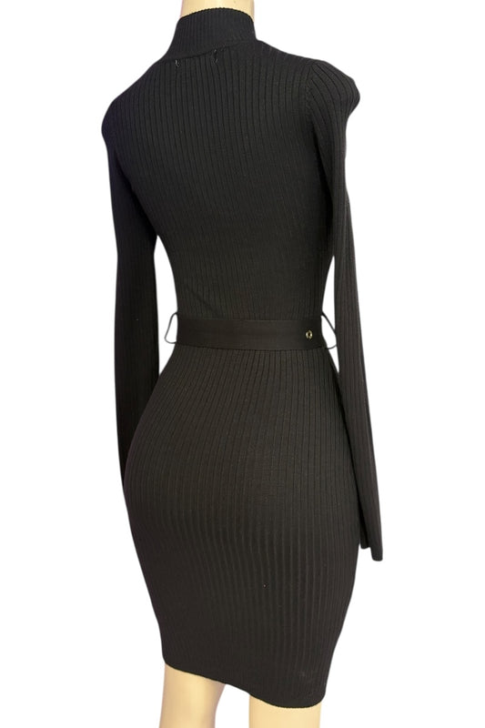 Black ribbed knit dress on a mannequin with a white background