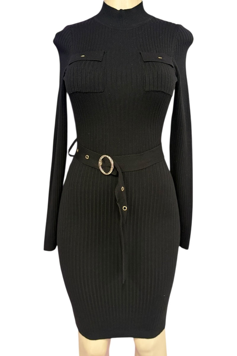 Black ribbed dress with long sleeves and a belt on a white background