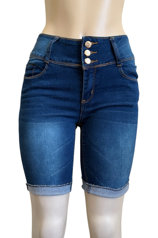 Blue denim shorts on a mannequin with a white background