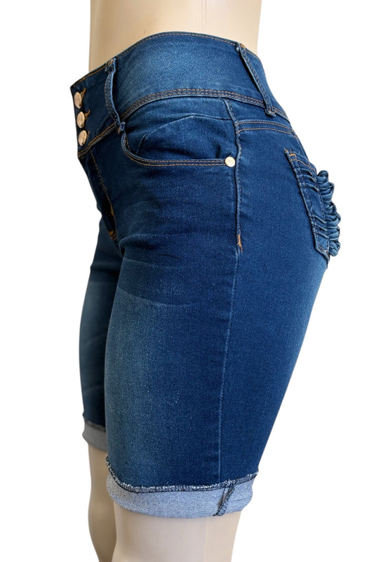 Blue denim shorts on a mannequin against a white background