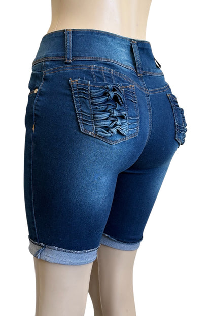 Blue denim shorts on a mannequin against a white background