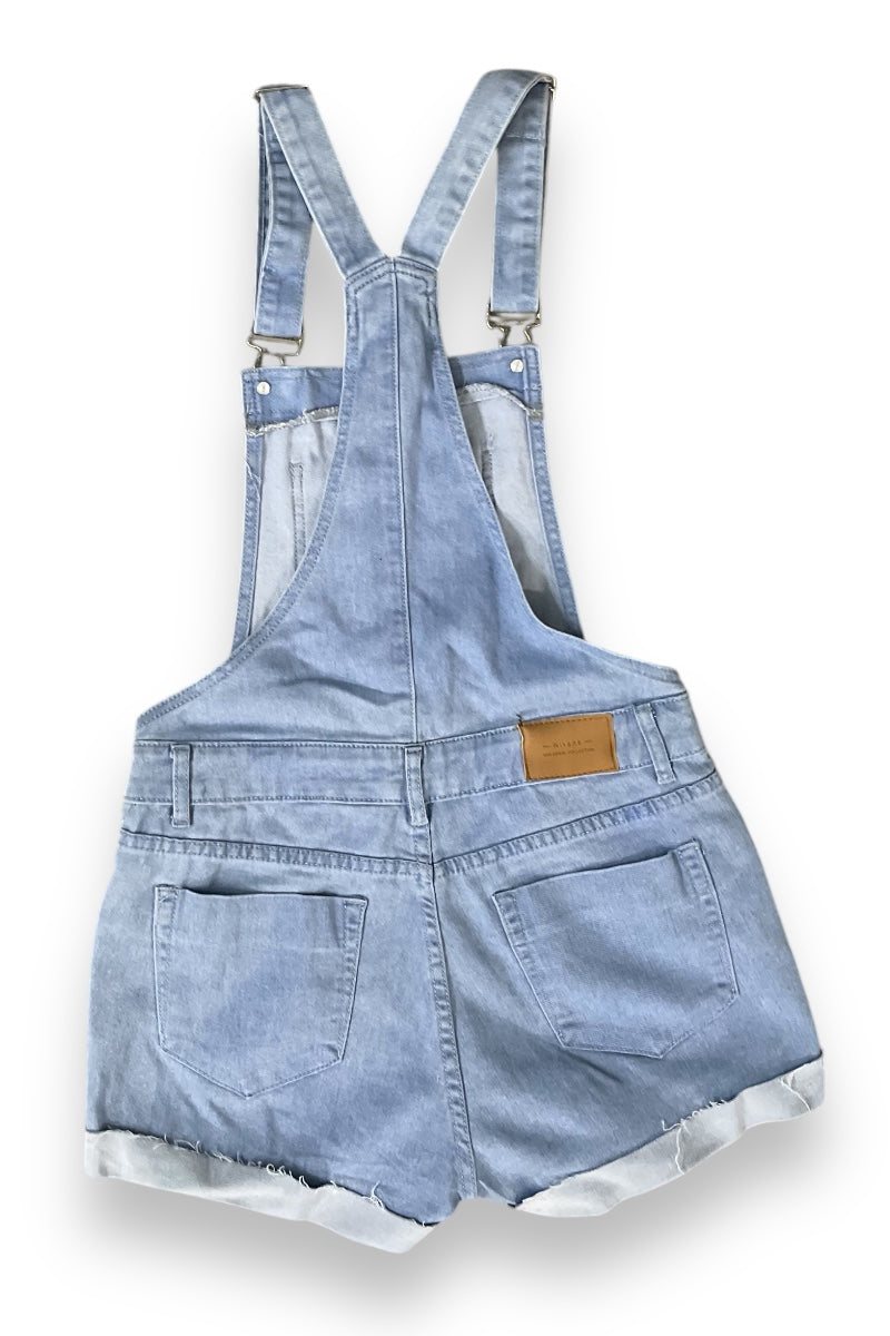 Bib Overall Denim Shorts with Rolled Cuffs - Shortalls