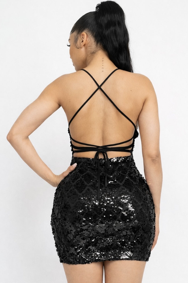 Black Diamond Pattern Sequin Dress with Lace up