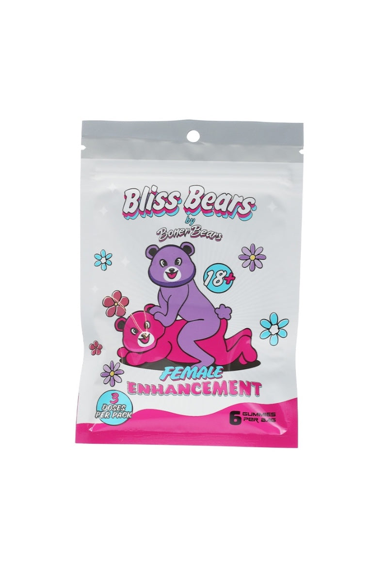 A stand-up pouch package for Bliss Bears Female Enhancement, featuring a cartoon purple bear riding a pink bear, with floral graphics and text on a white background.