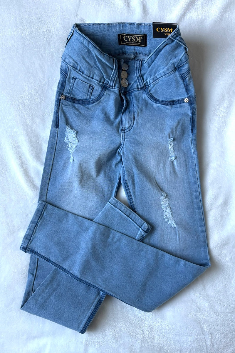 Blue jeans with a brand label on a white background