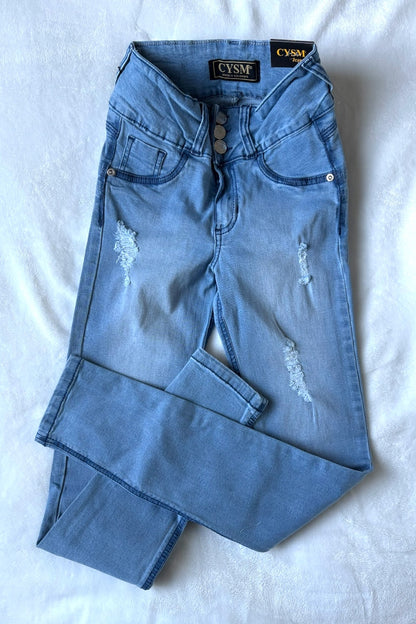 Blue jeans with a brand label on a white background