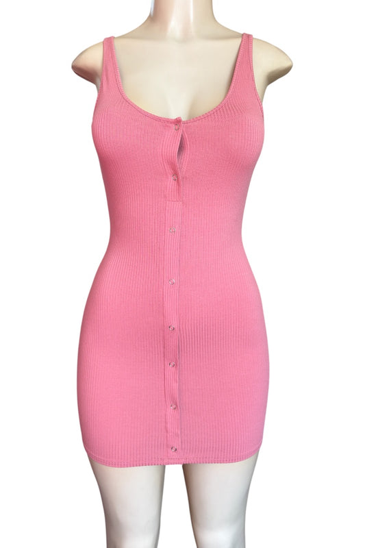 Pink ribbed tank dress on a mannequin against a white background