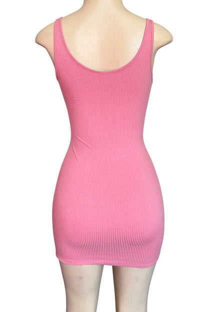 Pink ribbed tank dress on a mannequin against a white background