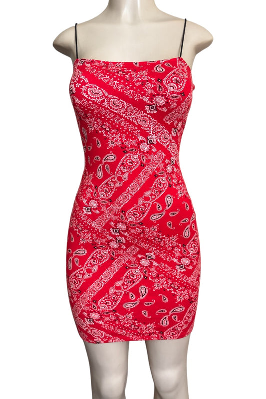Red bandana patterned dress on a mannequin against a white background