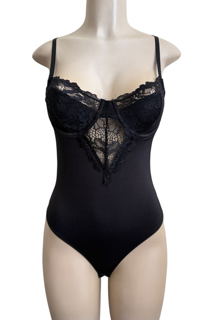Black lace bodysuit on a mannequin against a white background