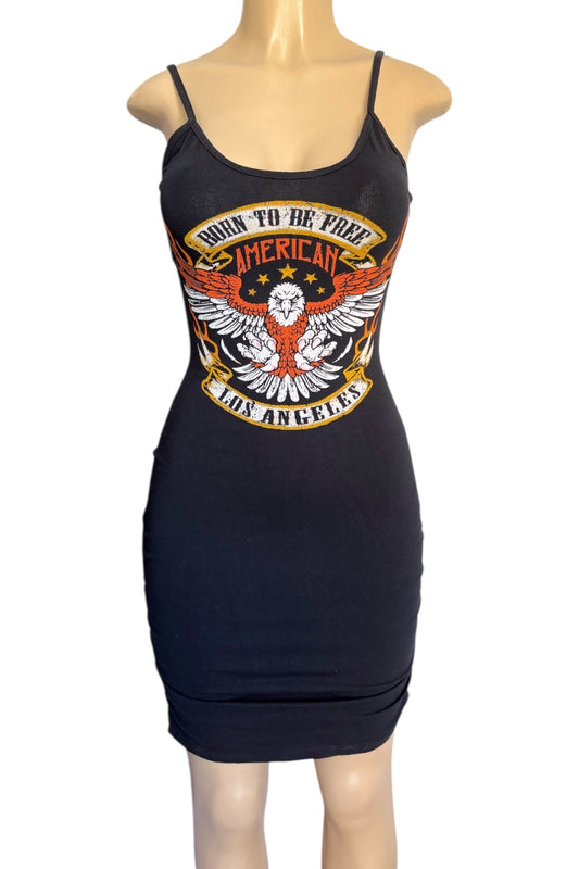 Black dress with eagle graphic and text on a mannequin against a white background