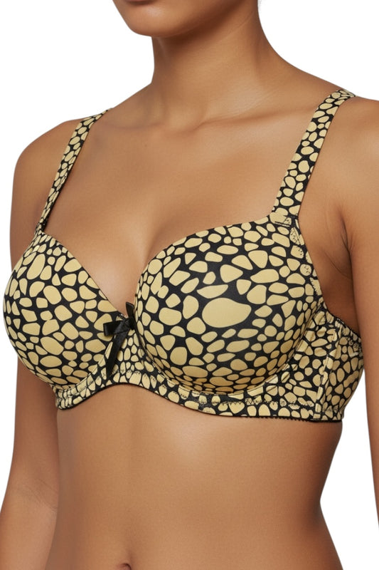 Woman wearing a patterned bra on a white background