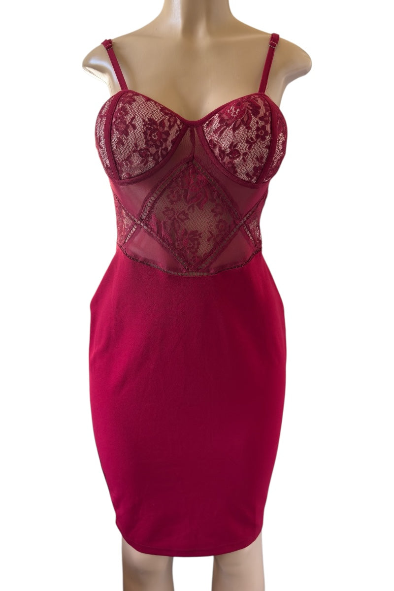 burgundy lace dress on a mannequin against a white background