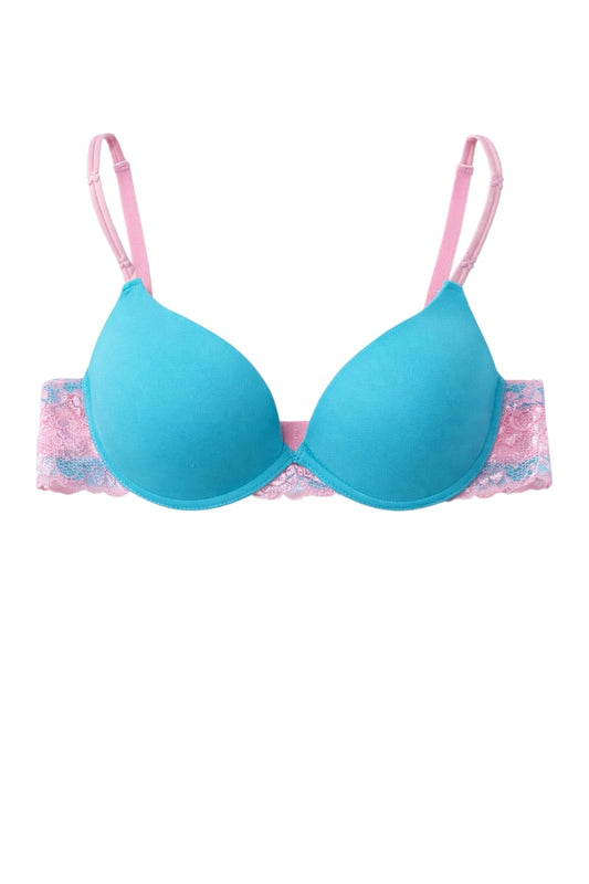 Blue bra with pink straps on a white background