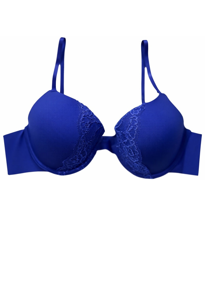 Blue bra with lace details on a white background