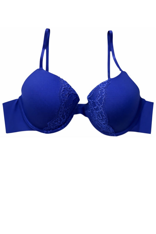 Blue bra with lace details on a white background