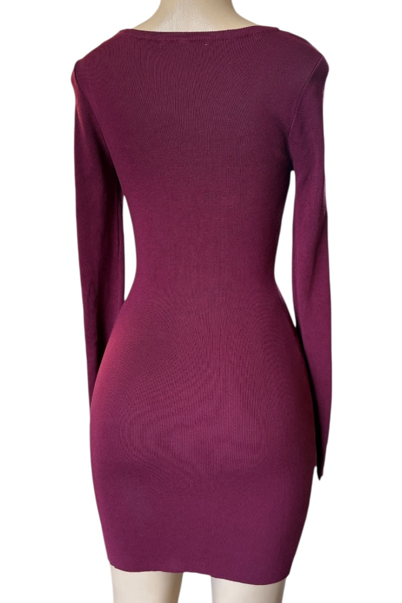 burgundy dress on a mannequin against a white background