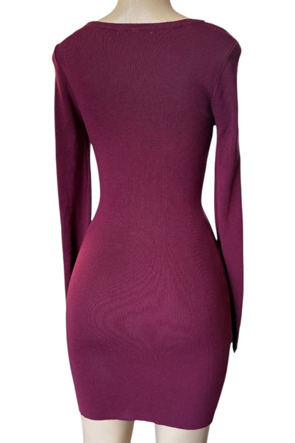 burgundy dress on a mannequin against a white background