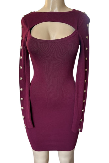 Burgundy dress with cut-out back and studded details on a mannequin against a white background