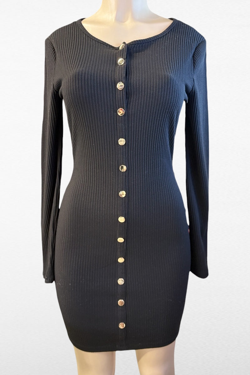 Black ribbed dress with button details on a mannequin against a white background