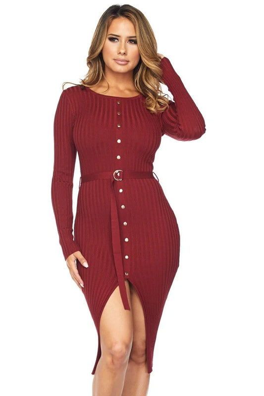 Buttoned Belted Slit Open Dress