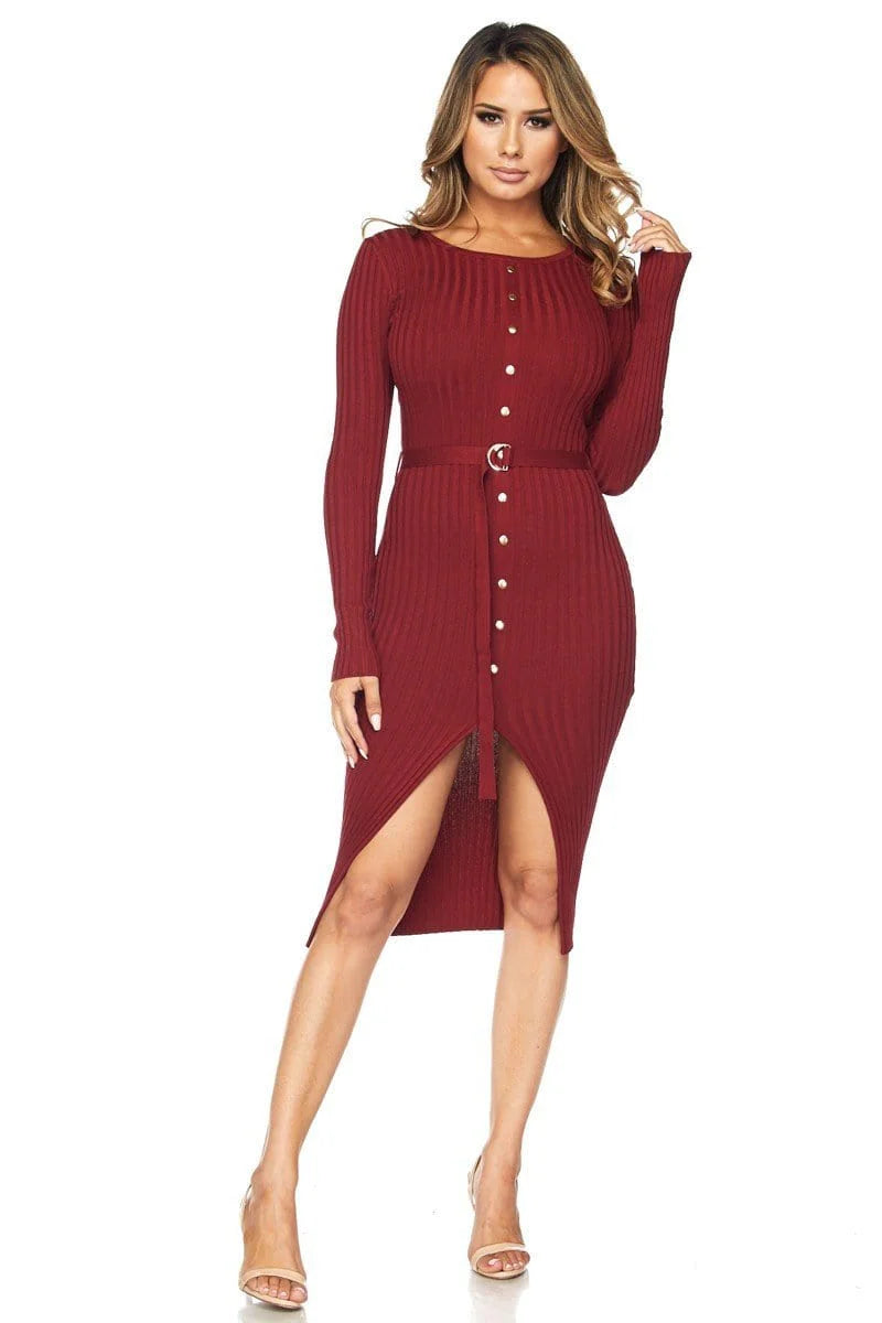 Buttoned Belted Slit Open Dress