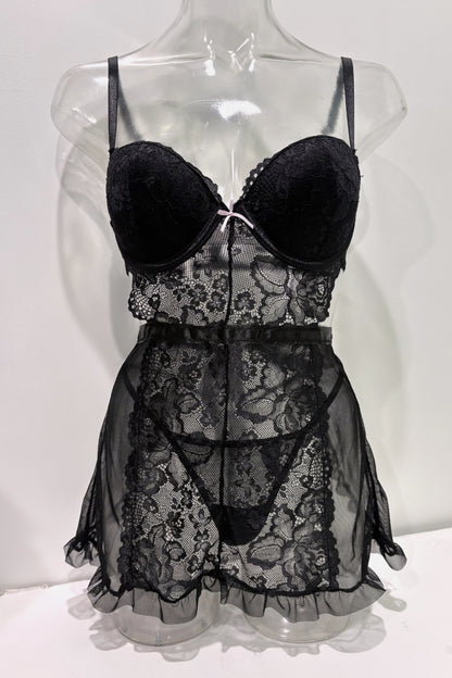Black lace and mesh babydoll lingerie set displayed on a clear mannequin torso against a white background.