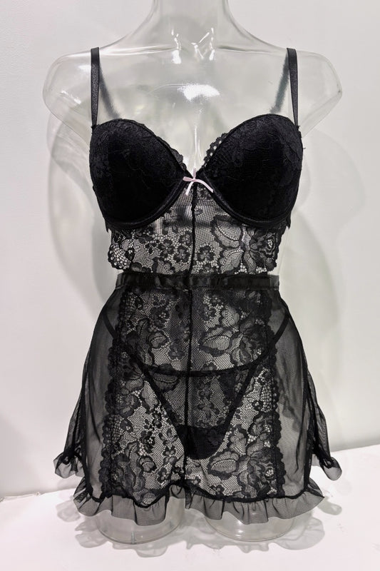Black lace and mesh babydoll lingerie set displayed on a clear mannequin torso against a white background.