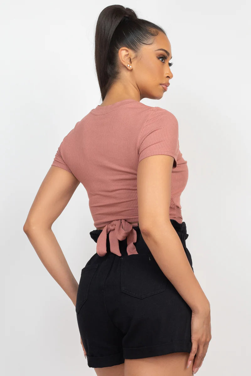 Self-tie Ribbon Front Cutout Ribbed Crop Top