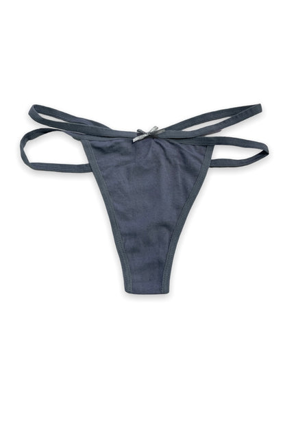 charcoal thong with open sides design on a white background