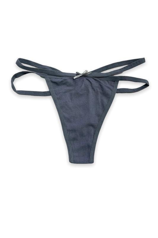 charcoal thong with open sides design on a white background