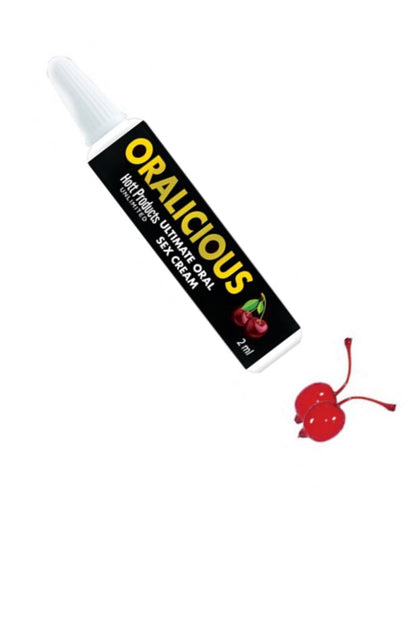 Tube of 'Oralicious' text cream with a cherry on a white background