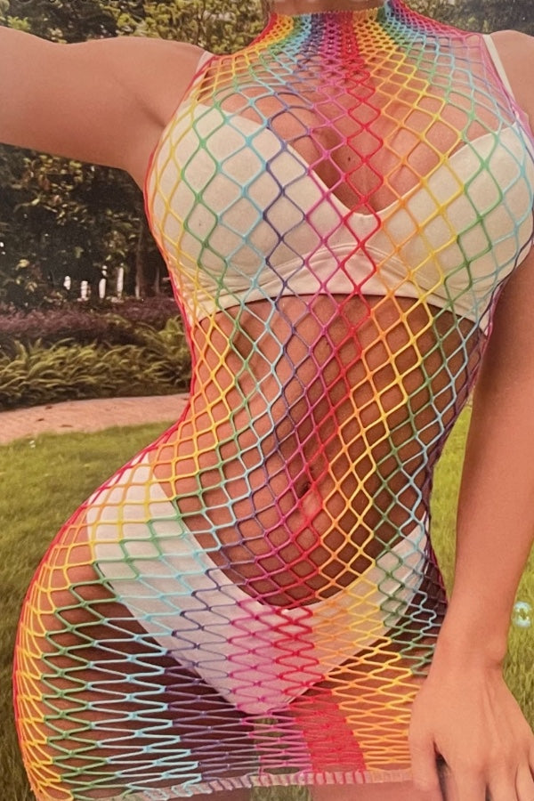 Rainbow Mock Neck Fishnet Dress