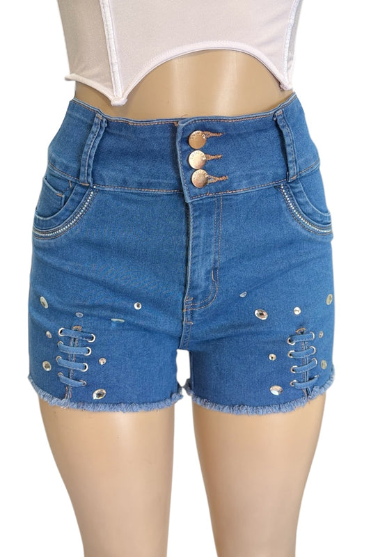 Blue denim shorts with decorative elements on a white background