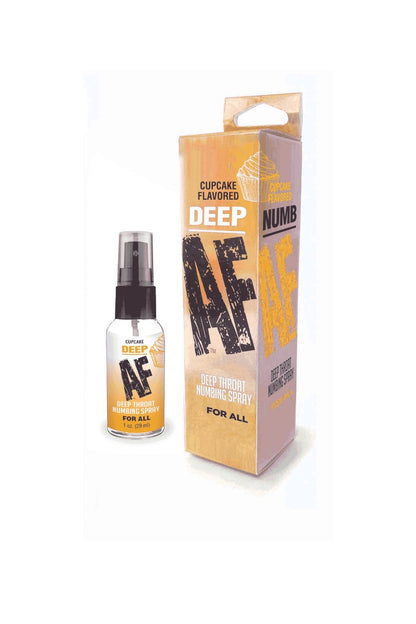 A bottle of Deep AF Cupcake Flavored Numbing Spray next to its cardboard packaging box, both featuring black and yellow graphics on a white background.