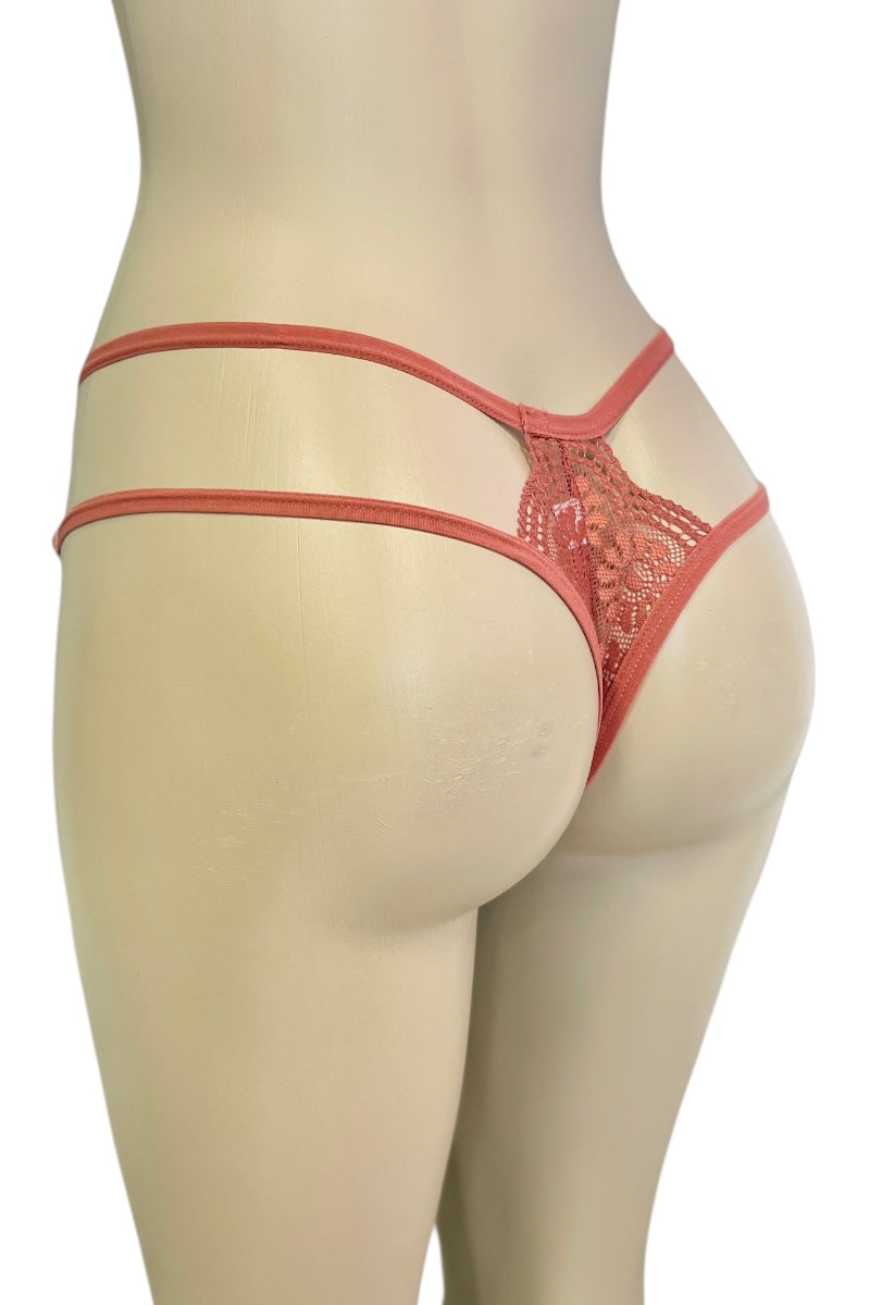 rust lace thong on a mannequin against a white background
