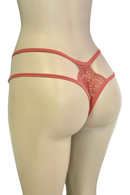 rust lace thong on a mannequin against a white background