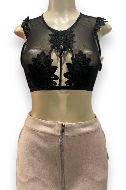Caged Mesh and Lace Crop Top