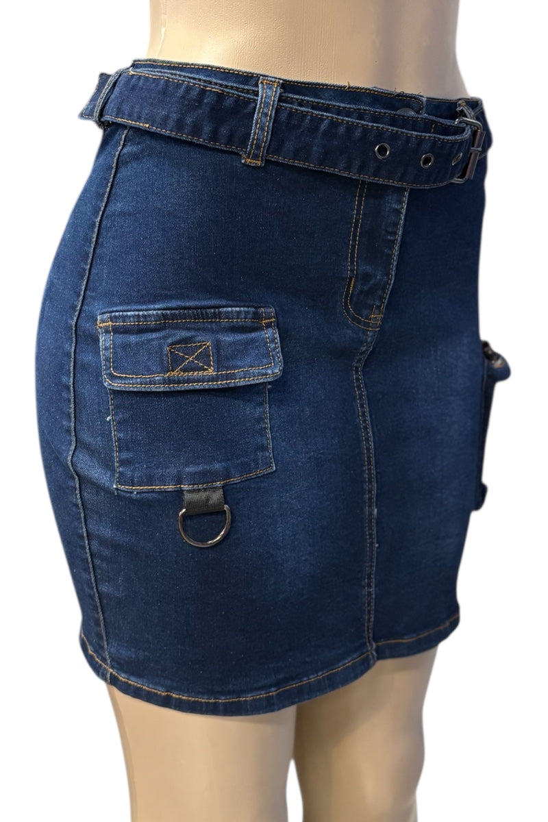 Blue denim skirt with multiple pockets and belt on a white background
