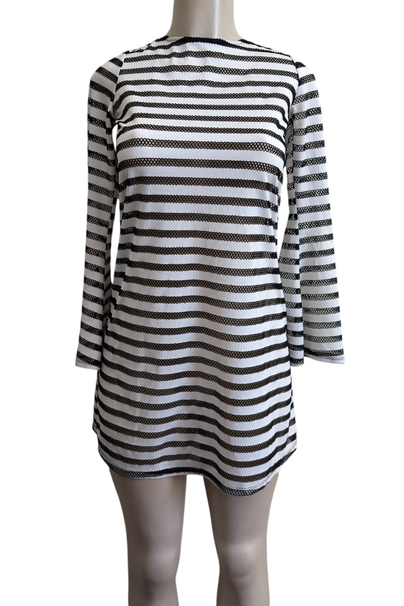Black and white striped dress on a mannequin against a white background
