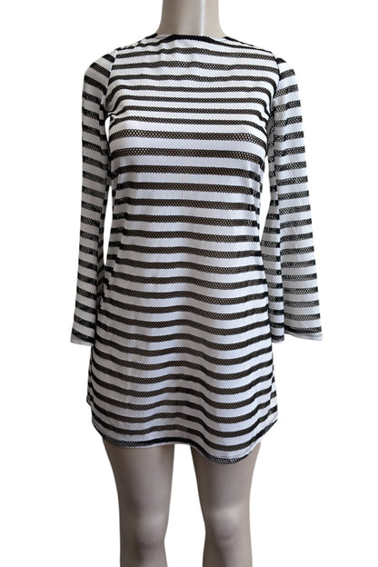 Black and white striped dress on a mannequin against a white background